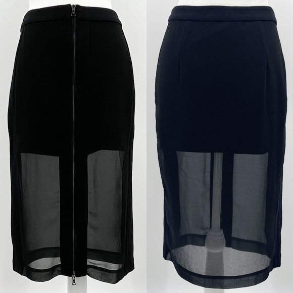 BCBGMaxAzria Dresses & Skirts - BCBGMaxAzria Francesca Sheer Chiffon Panel Front Zip Black Pencil Skirt Womens 4